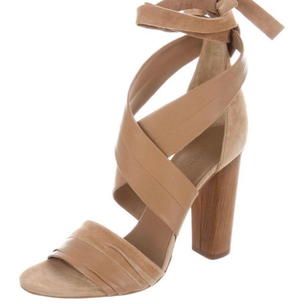 Vince Beatrice Leather and Suede Block Heel Sandal with Ankle Ties, Tan, Size 10